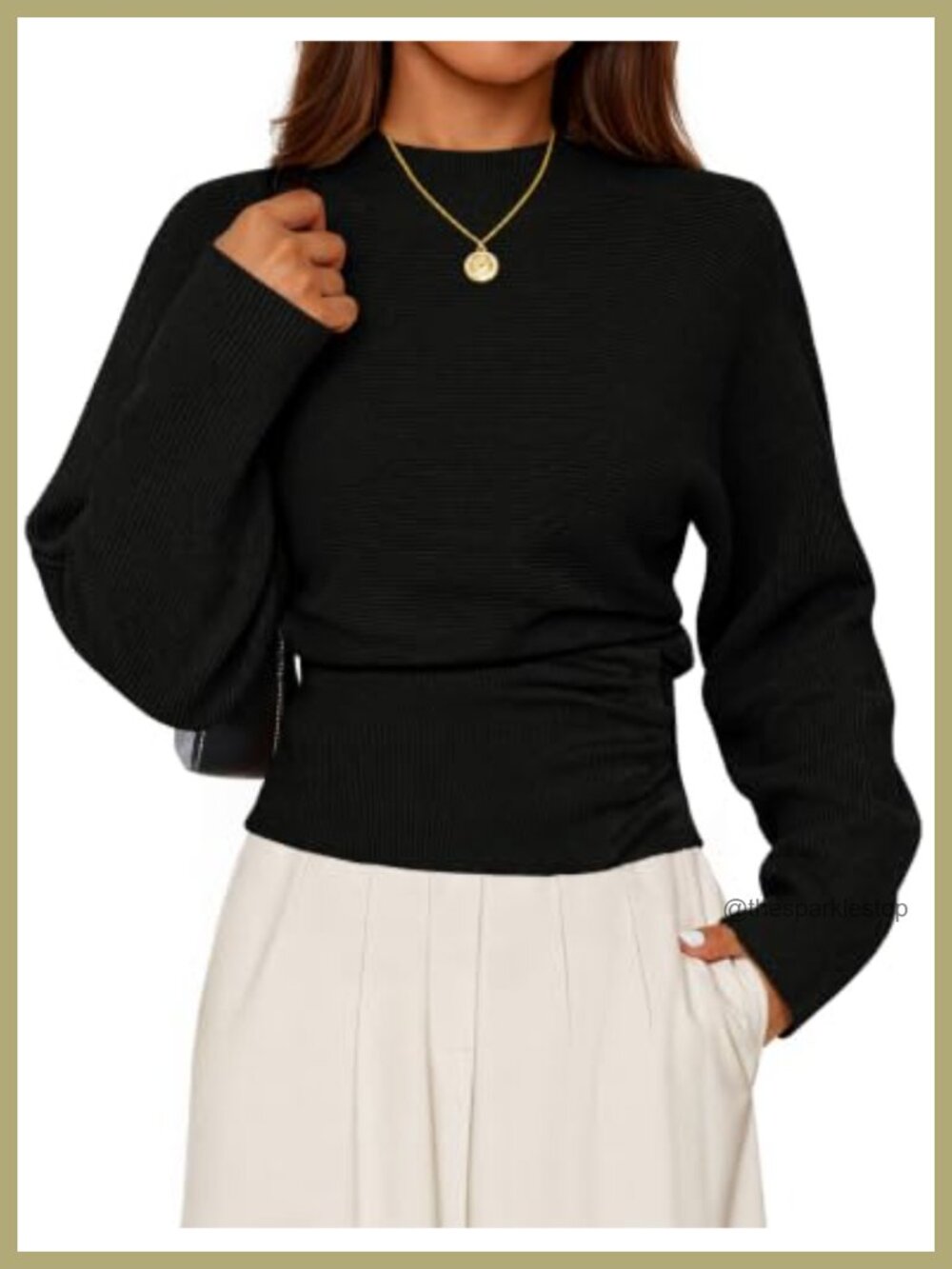 Women's Mock Neck Batwing Sleeve Sweater Cinched Waist Knit Pullover